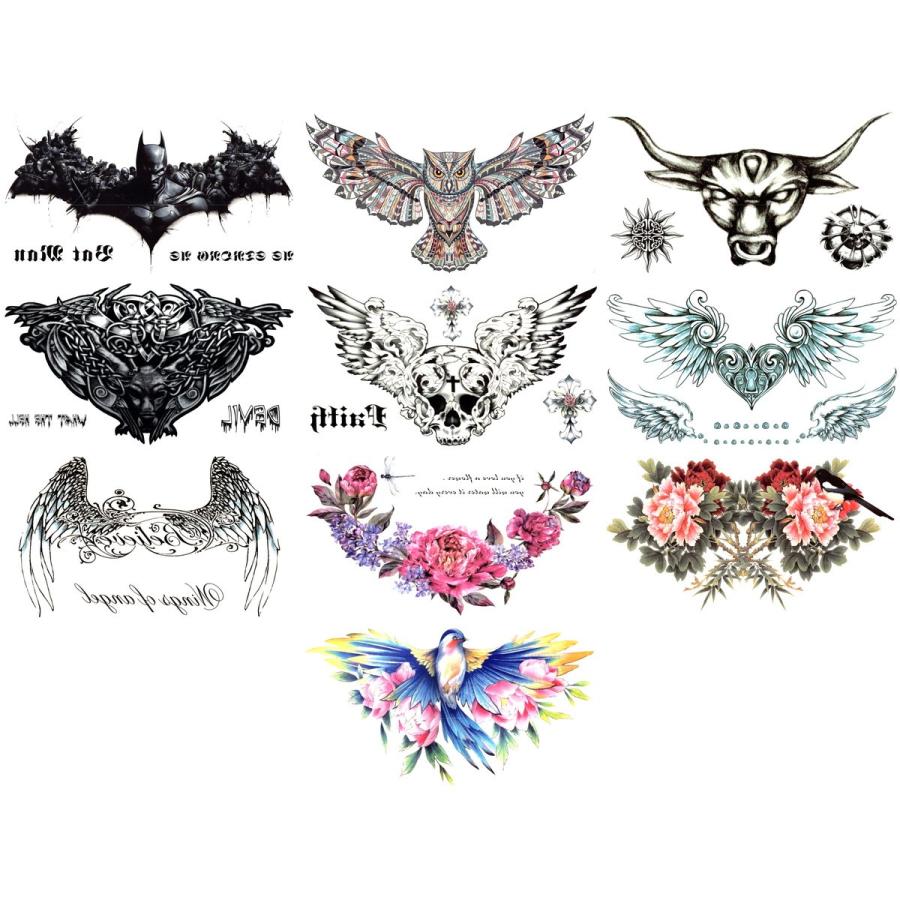 タトゥーシール 青い鳥 花 胸元 鎖骨 背中 横長 リアル 防水 長持ち 303 - 画像 (5)