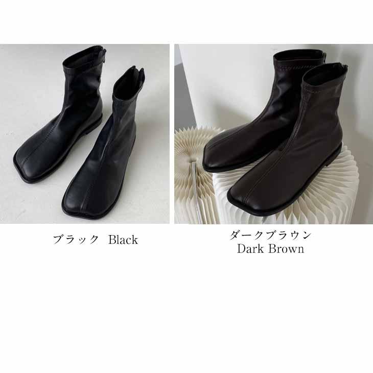 スクエアトゥ ショートブーツ 靴 ローヒール ぺたんこ ファスナー 合皮 韓国ファッション【ash209-029】【即納:1-5営業日】【送料無料】宅込
