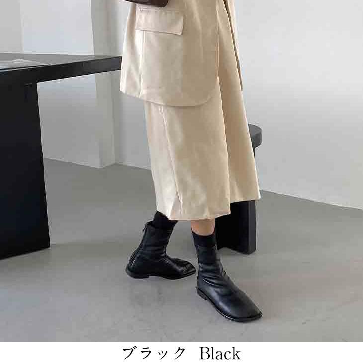 スクエアトゥ ショートブーツ 靴 ローヒール ぺたんこ ファスナー 合皮 韓国ファッション【ash209-029】【即納:1-5営業日】【送料無料】宅込 - 画像 (2)