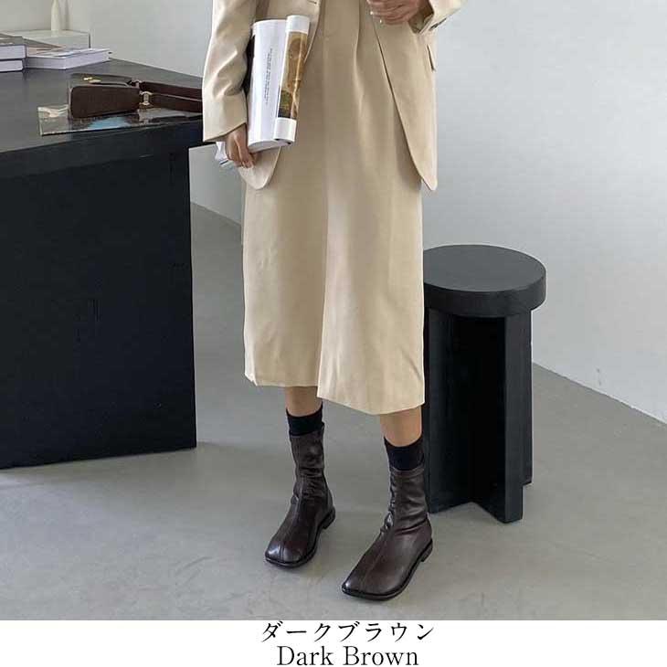 スクエアトゥ ショートブーツ 靴 ローヒール ぺたんこ ファスナー 合皮 韓国ファッション【ash209-029】【即納:1-5営業日】【送料無料】宅込 - 画像 (4)