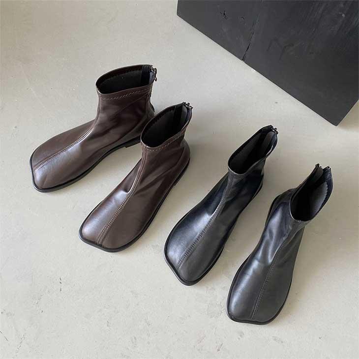 スクエアトゥ ショートブーツ 靴 ローヒール ぺたんこ ファスナー 合皮 韓国ファッション【ash209-029】【即納:1-5営業日】【送料無料】宅込 - 画像 (8)