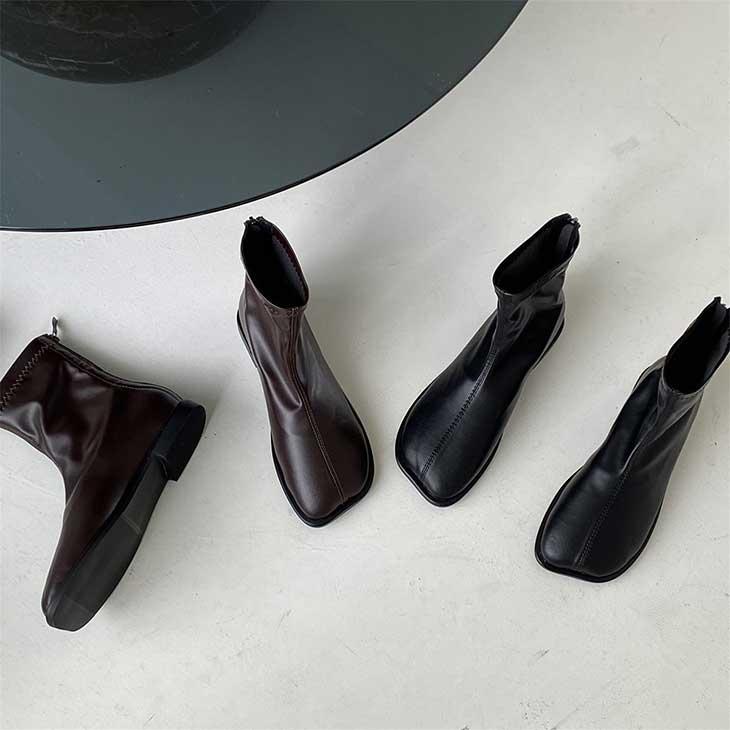 スクエアトゥ ショートブーツ 靴 ローヒール ぺたんこ ファスナー 合皮 韓国ファッション【ash209-029】【即納:1-5営業日】【送料無料】宅込 - 画像 (9)