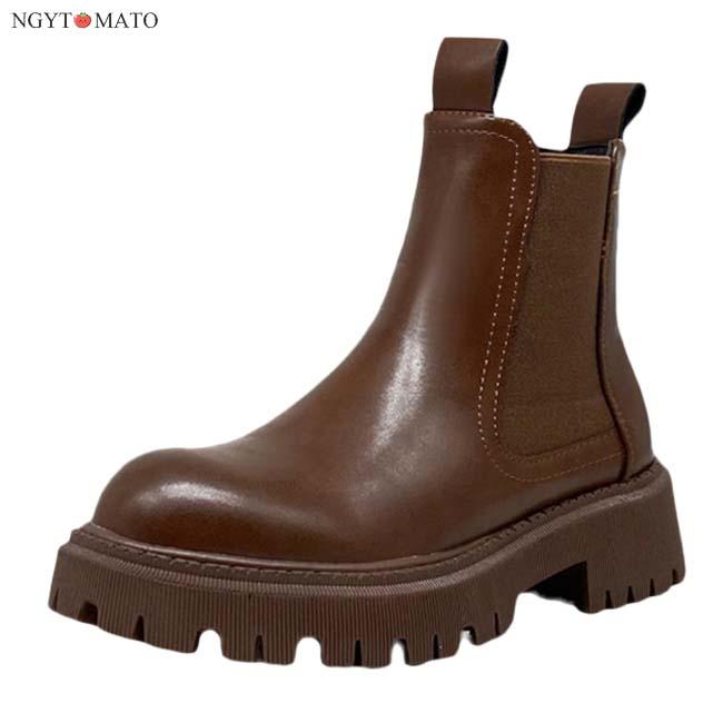 ショートブーツ レディース 厚底 ブーツ ラウンドトゥ トラックソール ショート 裏ボア サイドゴア PU 黒 履きやすい 歩きやすい おしゃれ 美脚 大人 カジュアル - 画像 (3)