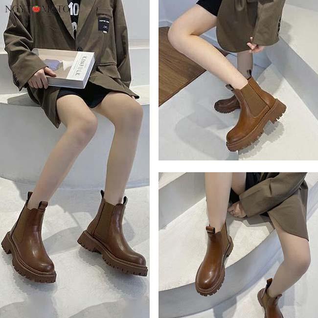 ショートブーツ レディース 厚底 ブーツ ラウンドトゥ トラックソール ショート 裏ボア サイドゴア PU 黒 履きやすい 歩きやすい おしゃれ 美脚 大人 カジュアル - 画像 (5)