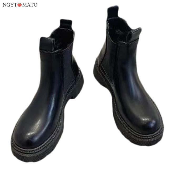 ショートブーツ レディース 厚底 ブーツ ラウンドトゥ トラックソール ショート 裏ボア サイドゴア PU 黒 履きやすい 歩きやすい おしゃれ 美脚 大人 カジュアル - 画像 (6)