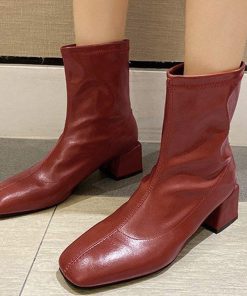 ショートブーツ ストレッチ チャンキーヒール スクエアトゥ 太ヒール レディースシューズ ^bo-732^