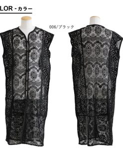 PATY ベスト レディース ロング丈 Vネック 透かし編み シアー 重ね着 軽い 涼しい くるみボタン 伸縮性 ゆったり 体型カバー パティ