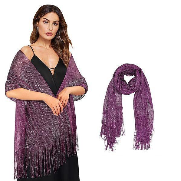 plusnao ストール スカーフ マフラー ショール 女性用 大判 ロング ラメ キラキラ 光沢感 フリンジ 薄手 透け感 ドレス ワンピース - 画像 (2)