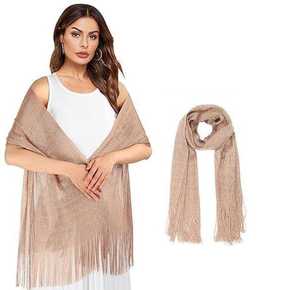 plusnao ストール スカーフ マフラー ショール 女性用 大判 ロング ラメ キラキラ 光沢感 フリンジ 薄手 透け感 ドレス ワンピース - 画像 (4)