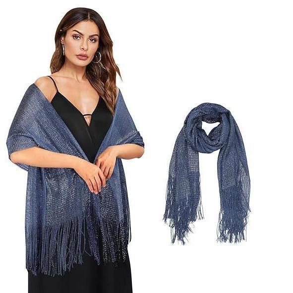 plusnao ストール スカーフ マフラー ショール 女性用 大判 ロング ラメ キラキラ 光沢感 フリンジ 薄手 透け感 ドレス ワンピース - 画像 (5)