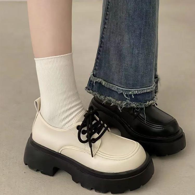 女子 春 ローファー 編み上げ レディース 厚底シューズ 秋 英?風 韓国ファッション 履きやすい PUレザー 靴 美脚 革 通学 ローフ - 画像 (3)