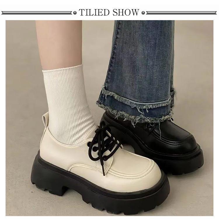 女子 春 ローファー 編み上げ レディース 厚底シューズ 秋 英?風 韓国ファッション 履きやすい PUレザー 靴 美脚 革 通学 ローフ - 画像 (7)