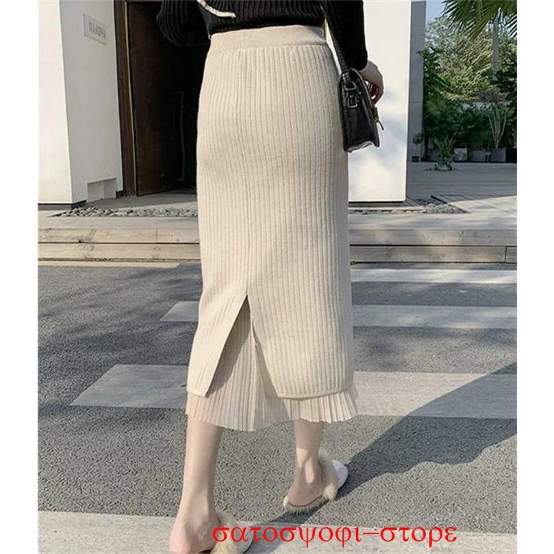 ニットスカート ボトムス スカート ロングスカート レディース ニット ロング丈 膝丈 タイトスカート 裏地あり 両面着 2way リバーシブル スリット シンプル お - 画像 (3)