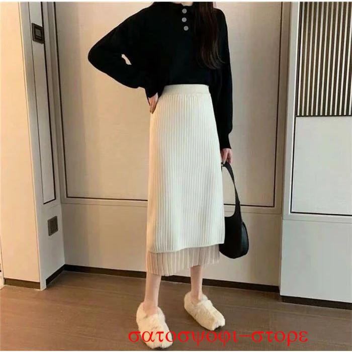 ニットスカート ボトムス スカート ロングスカート レディース ニット ロング丈 膝丈 タイトスカート 裏地あり 両面着 2way リバーシブル スリット シンプル お - 画像 (6)