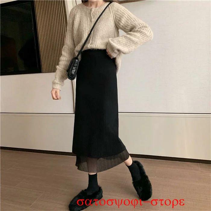 ニットスカート ボトムス スカート ロングスカート レディース ニット ロング丈 膝丈 タイトスカート 裏地あり 両面着 2way リバーシブル スリット シンプル お - 画像 (7)