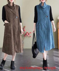 ワンピース ノースリーブ コーデュロイ ロング ゆるっとワンピース ロングワンピ レディース ロング丈 ミモレ丈 タートルネック ゆったり