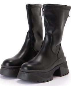 Lace Ladies バックファスナー レザー調 厚底 ショート ブーツ 女性 レディース 靴 シューズ 秋 冬 合成皮革 シンプル 単色 無地 ボリューム 辛口