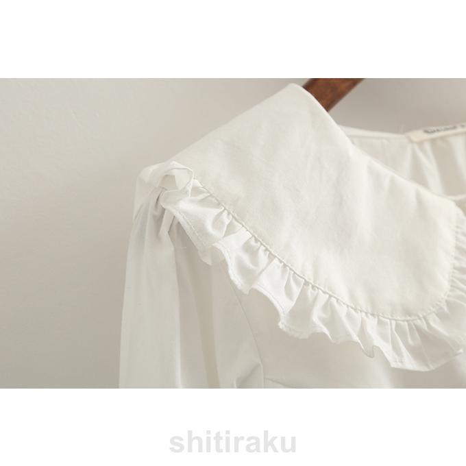 レディース ブラウス フリル衿 大きな衿 無地 ギンガム コットン 綿 シャツ 綿ポプリン ゆったりサイズ 長袖 フリル ギンガムチェック バルーン袖 ゆったりシ - 画像 (5)