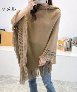【タイムセール】ポンチョ ポレロ ストール 大判 ショール 秋冬 ニット フード付き レディース フリンジ ケープコート 防寒着 大判ストール