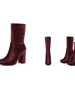 Allegra K レディース ラウンドトゥ ブロックヒール 折りたたみ式ミッドカーフブーツ ブルゴーニュ 24.5cm