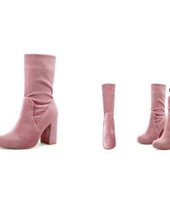 Allegra K レディース ラウンドトゥ ブロックヒール 折りたたみ式ミッドカーフブーツ ピンク 22.5cm