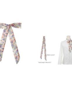 Elerevyo スカーフ 女性 花柄シフォンスカーフ スクエアネックスカーフ ロングリボン ロングホワイト1 140x5cm(LxW)