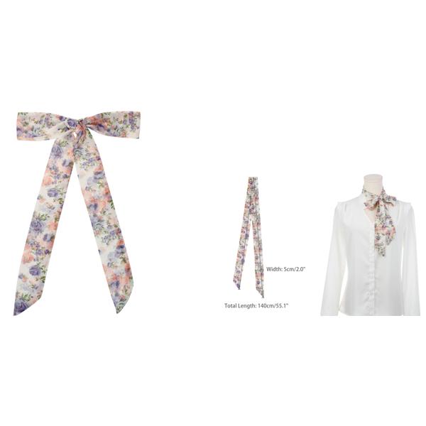 Elerevyo スカーフ 女性 花柄シフォンスカーフ スクエアネックスカーフ ロングリボン ロングホワイト1 140x5cm(LxW)
