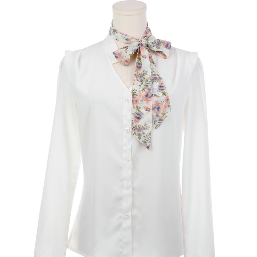 Elerevyo スカーフ 女性 花柄シフォンスカーフ スクエアネックスカーフ ロングリボン ロングホワイト1 140x5cm(LxW) - 画像 (2)