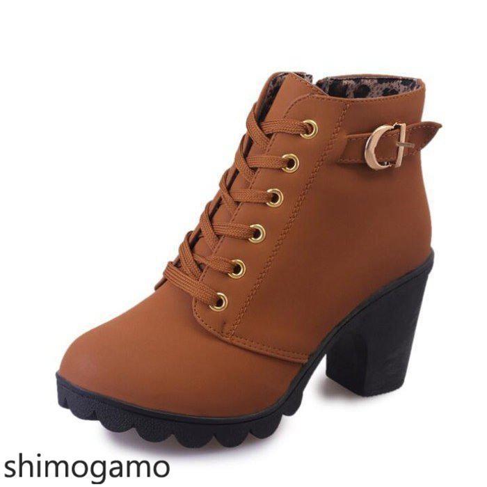 レースアップ編み上げブーツショートブーツヒール8cmレディース膝丈疲れない歩きやすい秋冬靴レースアップ - 画像 (3)