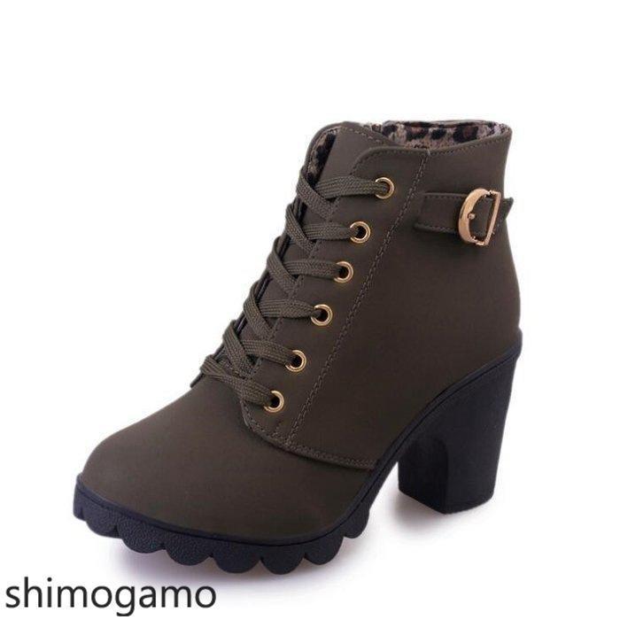 レースアップ編み上げブーツショートブーツヒール8cmレディース膝丈疲れない歩きやすい秋冬靴レースアップ - 画像 (4)