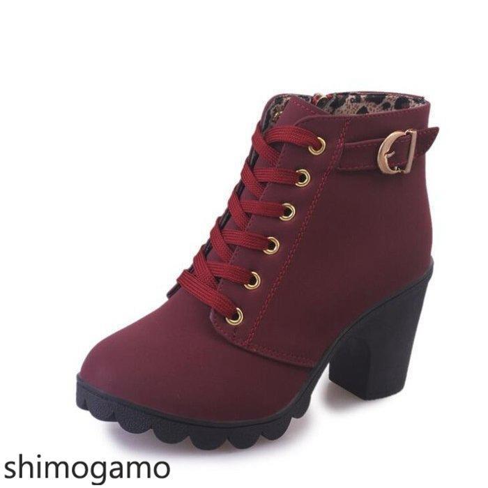 レースアップ編み上げブーツショートブーツヒール8cmレディース膝丈疲れない歩きやすい秋冬靴レースアップ - 画像 (5)