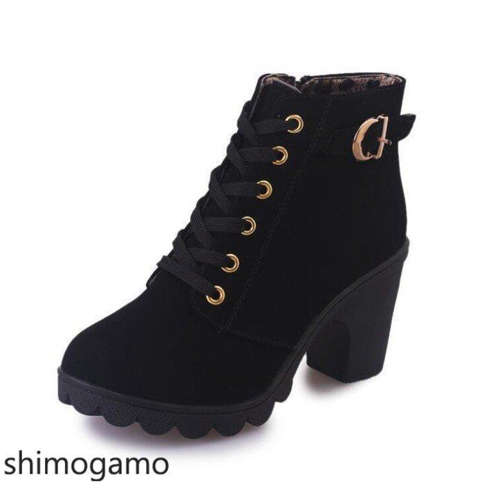 レースアップ編み上げブーツショートブーツヒール8cmレディース膝丈疲れない歩きやすい秋冬靴レースアップ - 画像 (6)