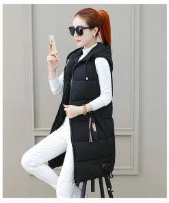 【値下げ】ダウン綿 中綿入り レディース ノースリーブ ロング丈 ロング フード付き 帽子付き 体型カバー 冬 暖かい