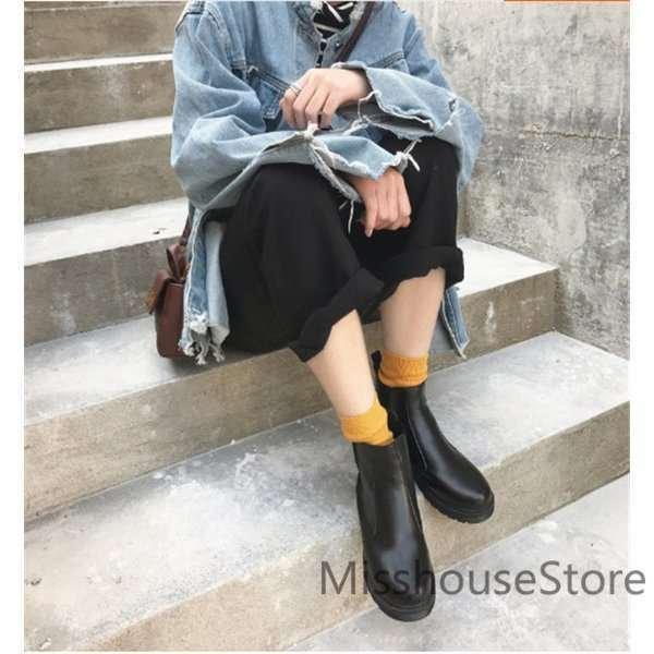 店長おすすめショートブーツサイドゴア厚底太ヒールシューズレディースブーティハイカットエンジニアレースアップPUレザー - 画像 (2)