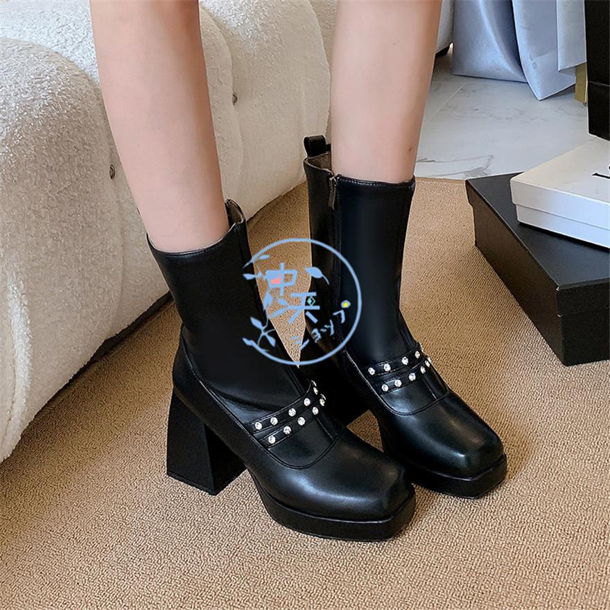 秋冬ブーティーレディース ショートブーツ白黒 厚底 9cmヒール太めヒールブーティー 靴ショートブーツ大きいサイズパンプス歩きやすいショートブーツ内ボア - 画像 (2)