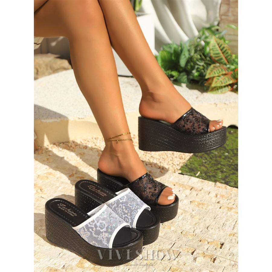 レディース 厚底 サンダル ウェッジソールサンダル 春夏 ミュール 刺繍 花柄 フラワー メッシュ 無地 つっかけ 歩きやすい - 画像 (2)